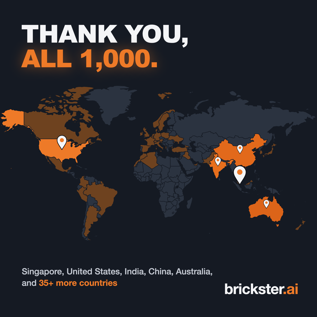 brickster.ai active users by country: 1,000 monthly active users across 40+ countries, led by Singapore